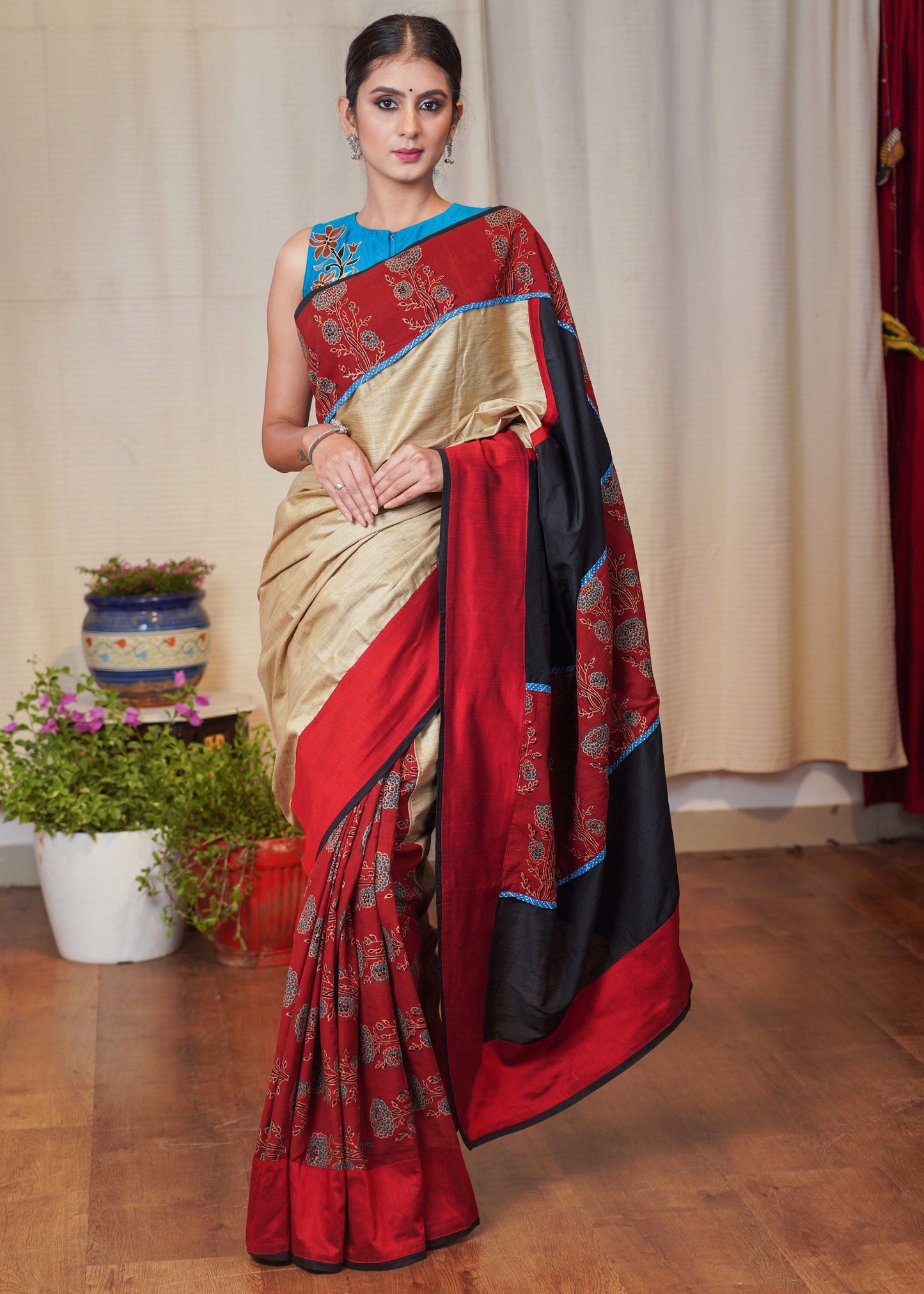 Beige assam silk saree with black , maroon cotton silk and Ajrakh combination border