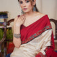 Beige Tussar silk saree with maroon cotton silk and Ajrakh combination border