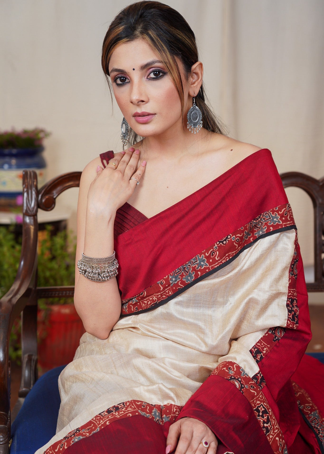 Beige Tussar silk saree with maroon cotton silk and Ajrakh combination border