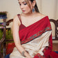 Beige Tussar silk saree with maroon cotton silk and Ajrakh combination border