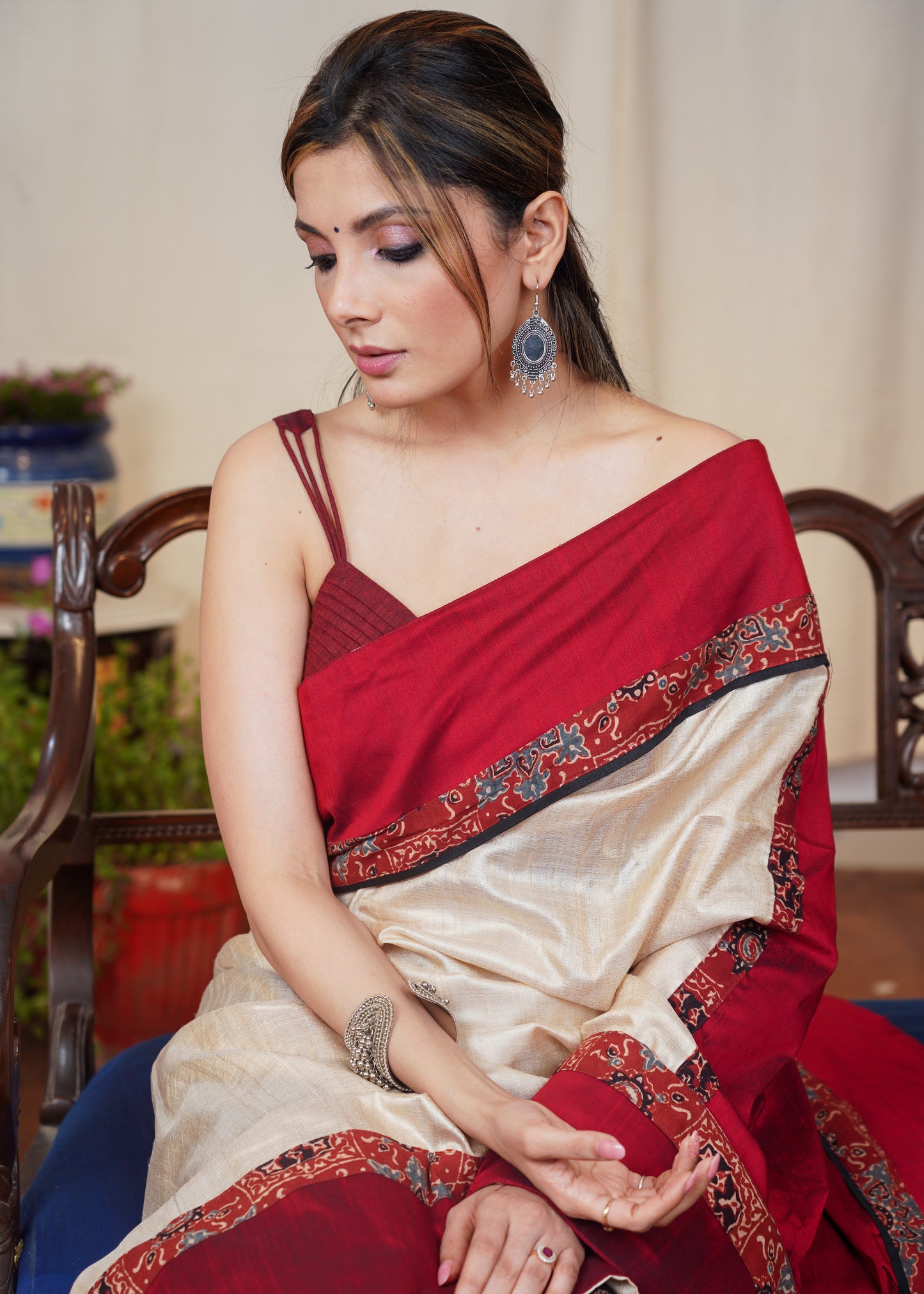 Beige Tussar silk saree with maroon cotton silk and Ajrakh combination border