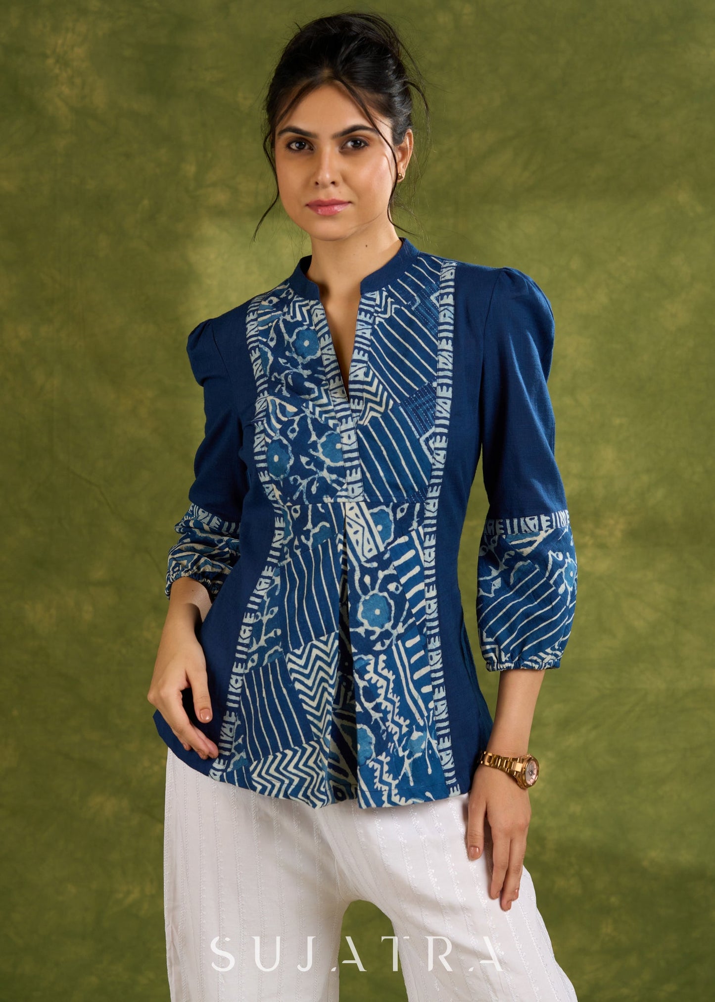 Navy Blue Cotton Indigo Top With Patchwork Detailing And Gathered Sleeves