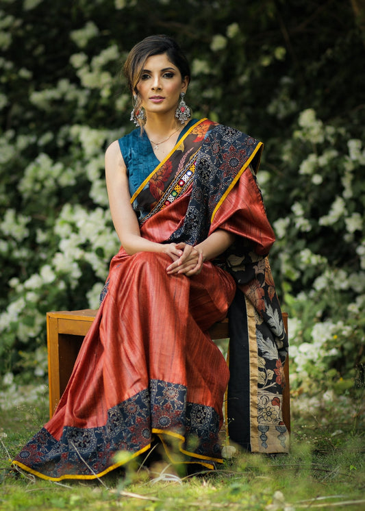 Rust pure raw silk saree with hand painted kalamkari pallu & mirror work & ajrakh border