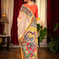 Beige chanderi saree with hand painted madhubani pallu and ajrakh pleats