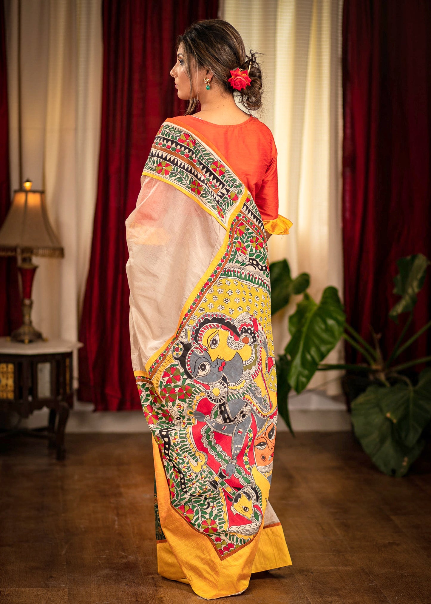 Beige chanderi saree with hand painted madhubani pallu and ajrakh pleats