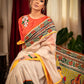 Beige chanderi saree with hand painted madhubani pallu and ajrakh pleats