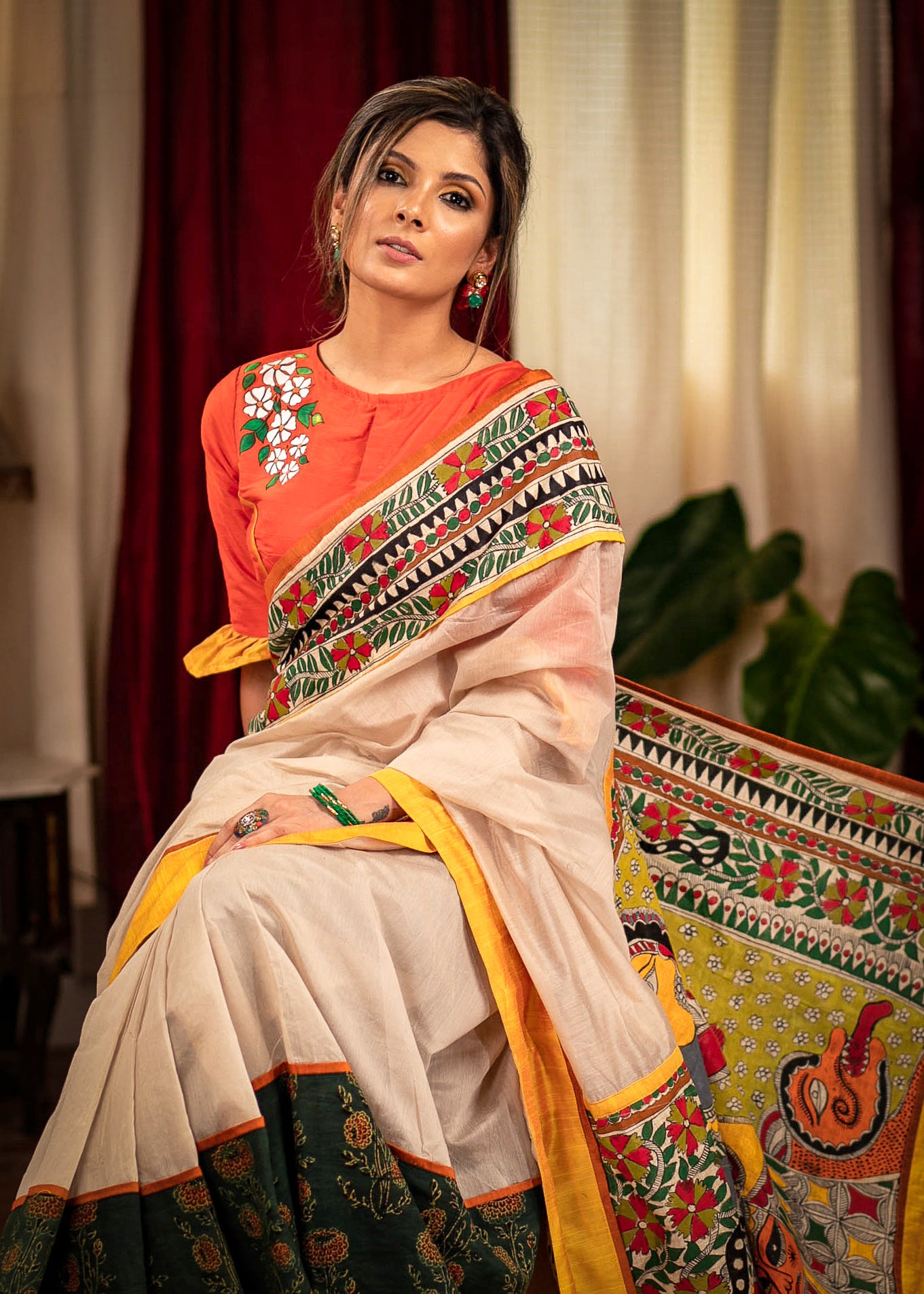 Beige chanderi saree with hand painted madhubani pallu and ajrakh pleats