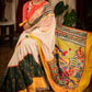 Beige chanderi saree with hand painted madhubani pallu and ajrakh pleats