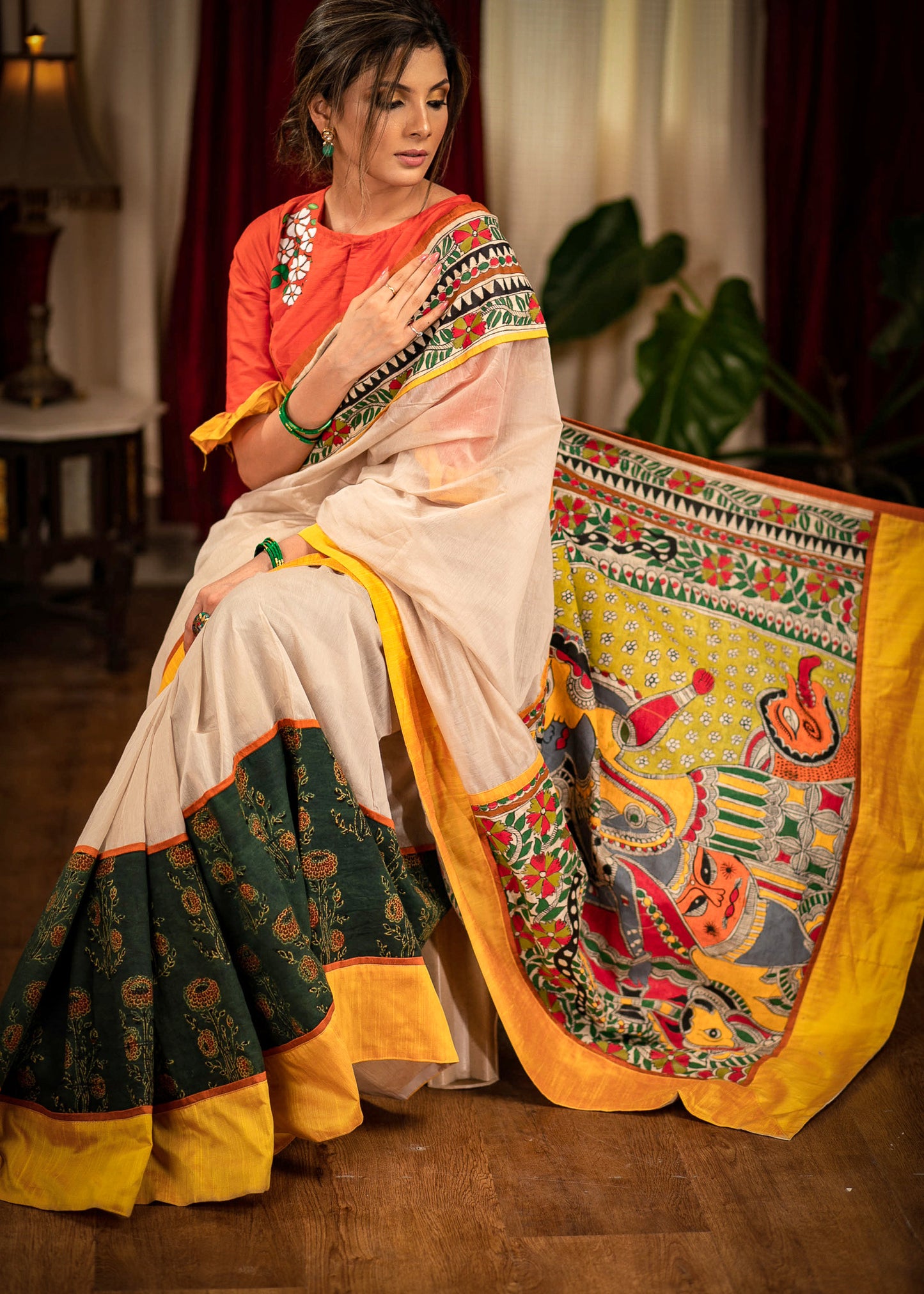 Beige chanderi saree with hand painted madhubani pallu and ajrakh pleats