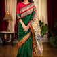 Forest green muslin saree with hand painted madhubani pallu & benarasi border