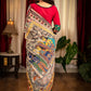 Forest green muslin saree with hand painted madhubani pallu & benarasi border