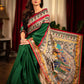 Forest green muslin saree with hand painted madhubani pallu & benarasi border