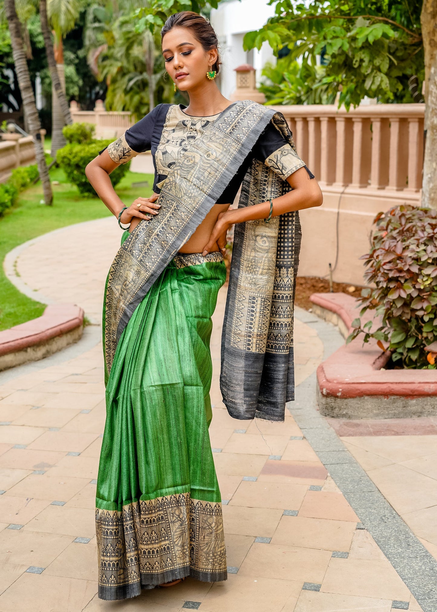 Beautiful green pure Ghicha silk handpainted madhubani saree