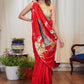 Pure silk hand painted red saree with elegant Krishna design