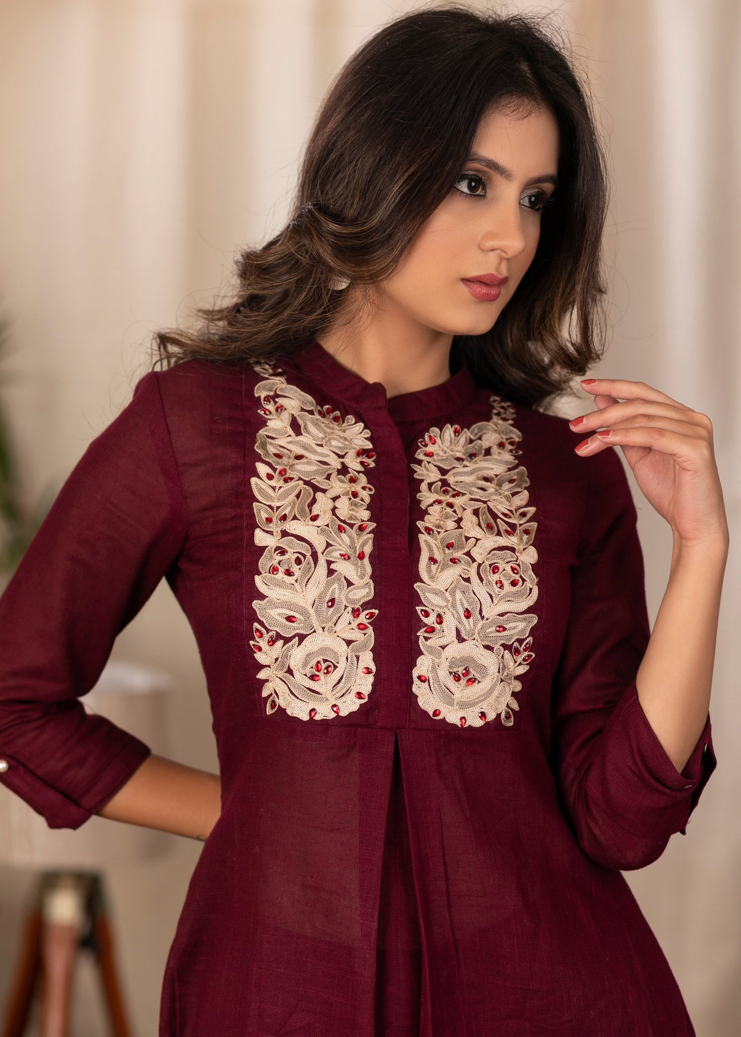 Elegant Embroidered Wine Cotton Top