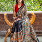 Exclusive black pure raw silk all over hand painted madhubani saree