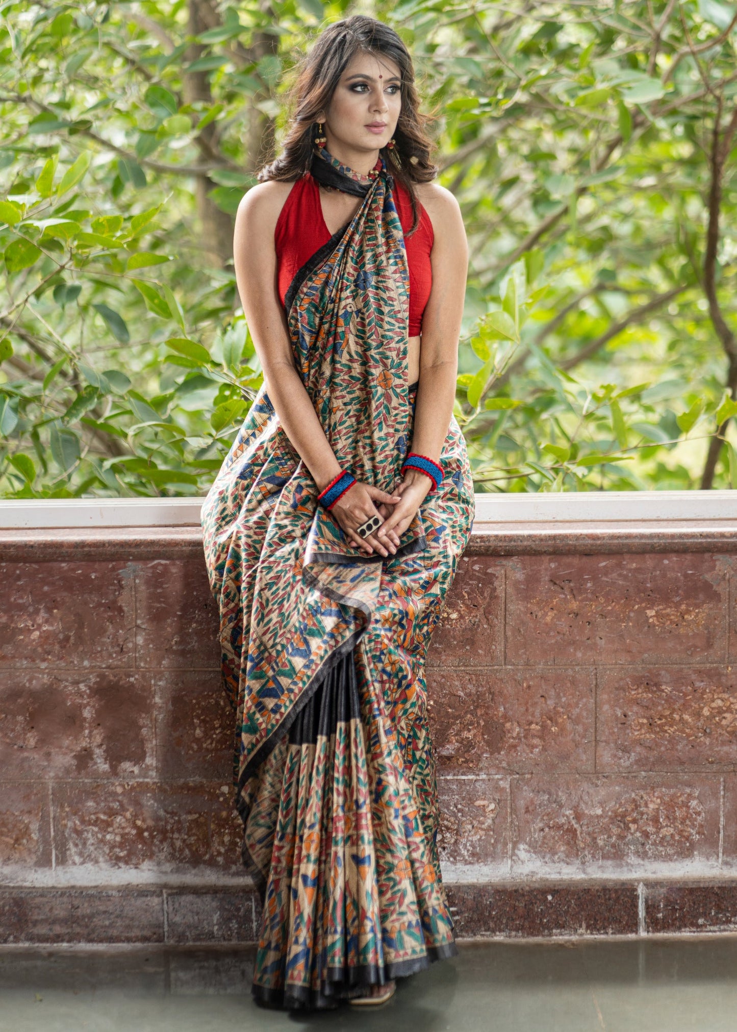 Exclusive black pure raw silk all over hand painted madhubani saree