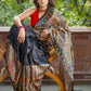 Exclusive black pure raw silk all over hand painted madhubani saree