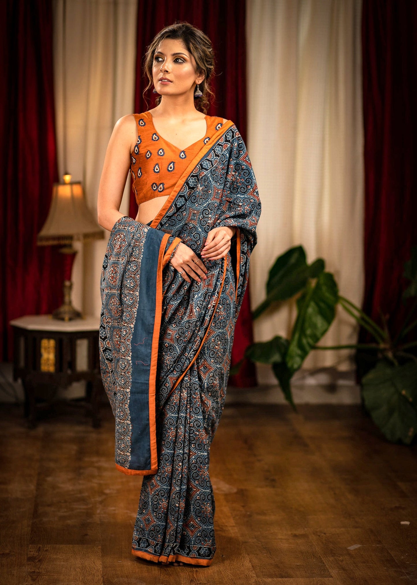 Blue hand block printed Ajrakh mul cotton saree