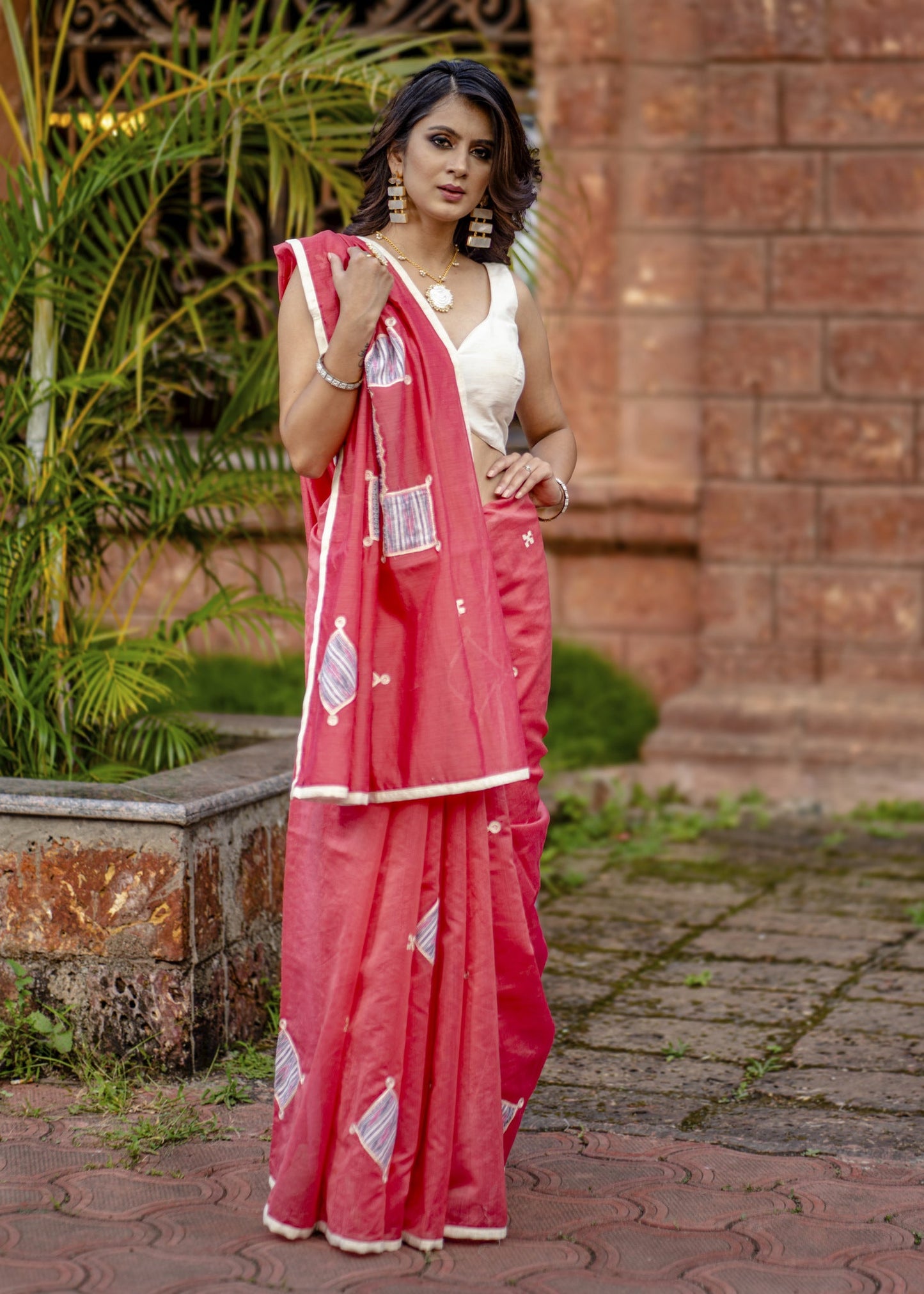 Pink chanderi saree with ikat applique work