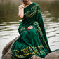 Exclusive forest green  hand painted crepe satin saree