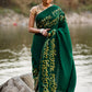 Exclusive forest green  hand painted crepe satin saree