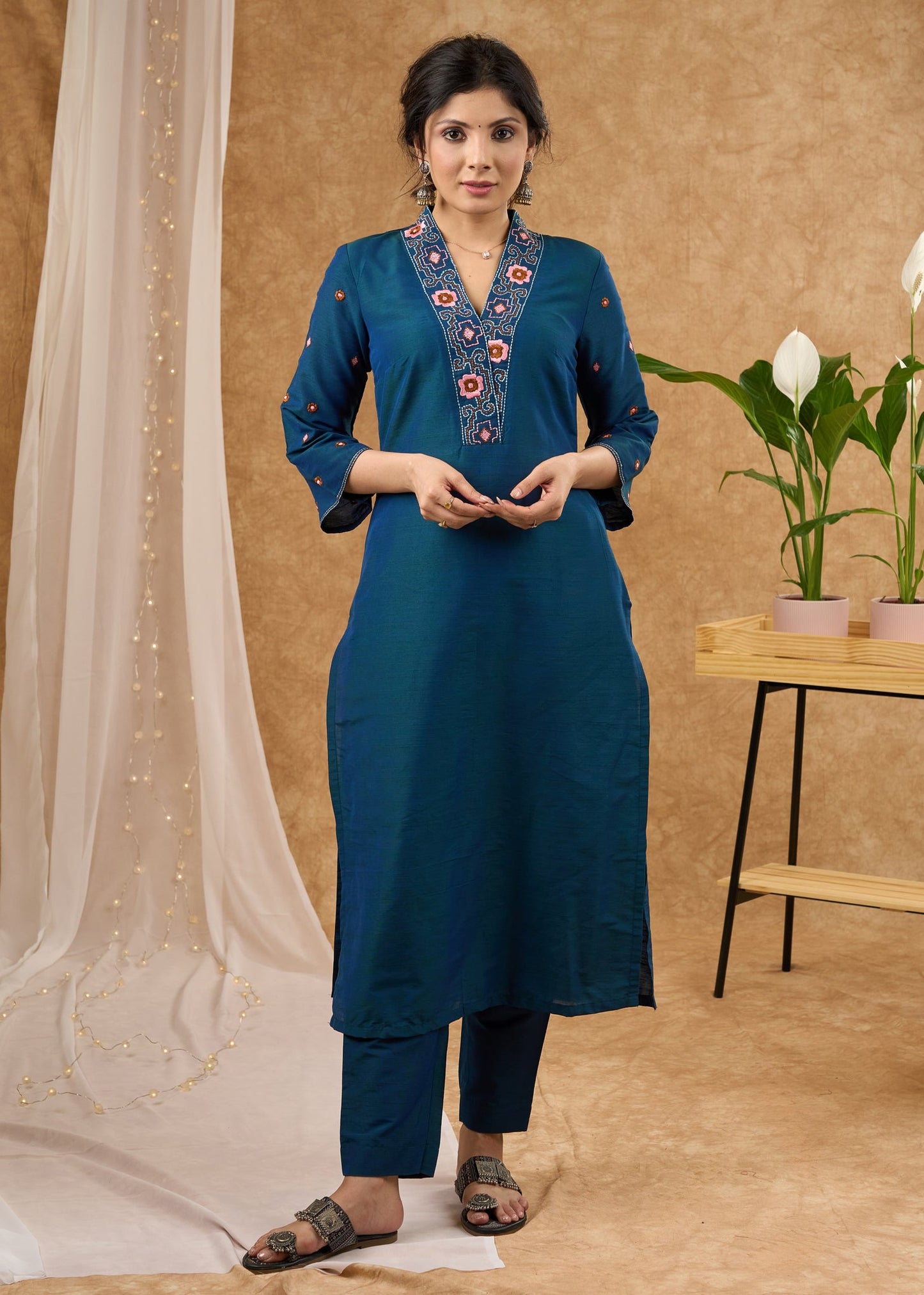 Stylish & vibrant embroidered peacock cotton silk kurta Pant optional