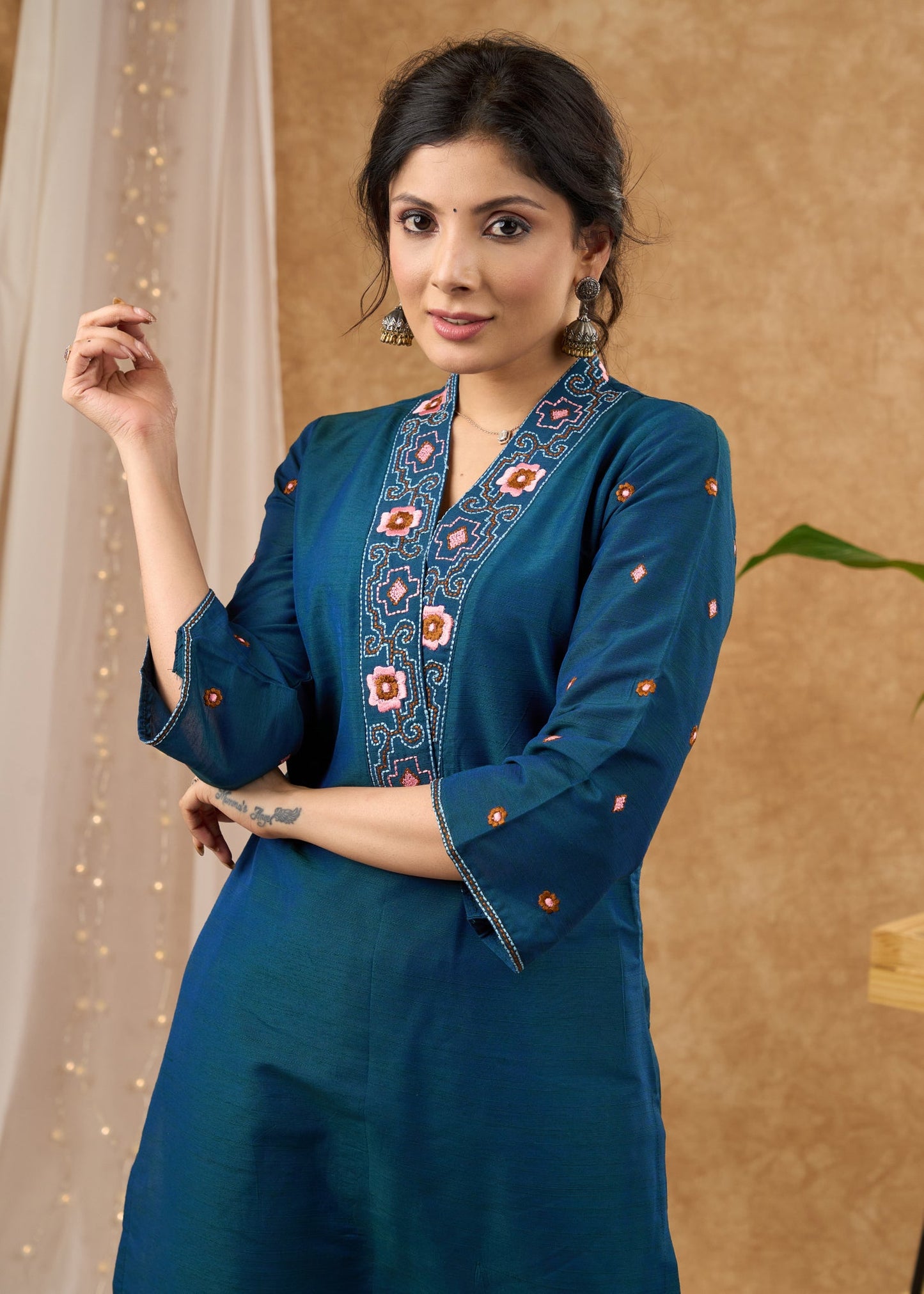 Stylish & vibrant embroidered peacock cotton silk kurta Pant optional