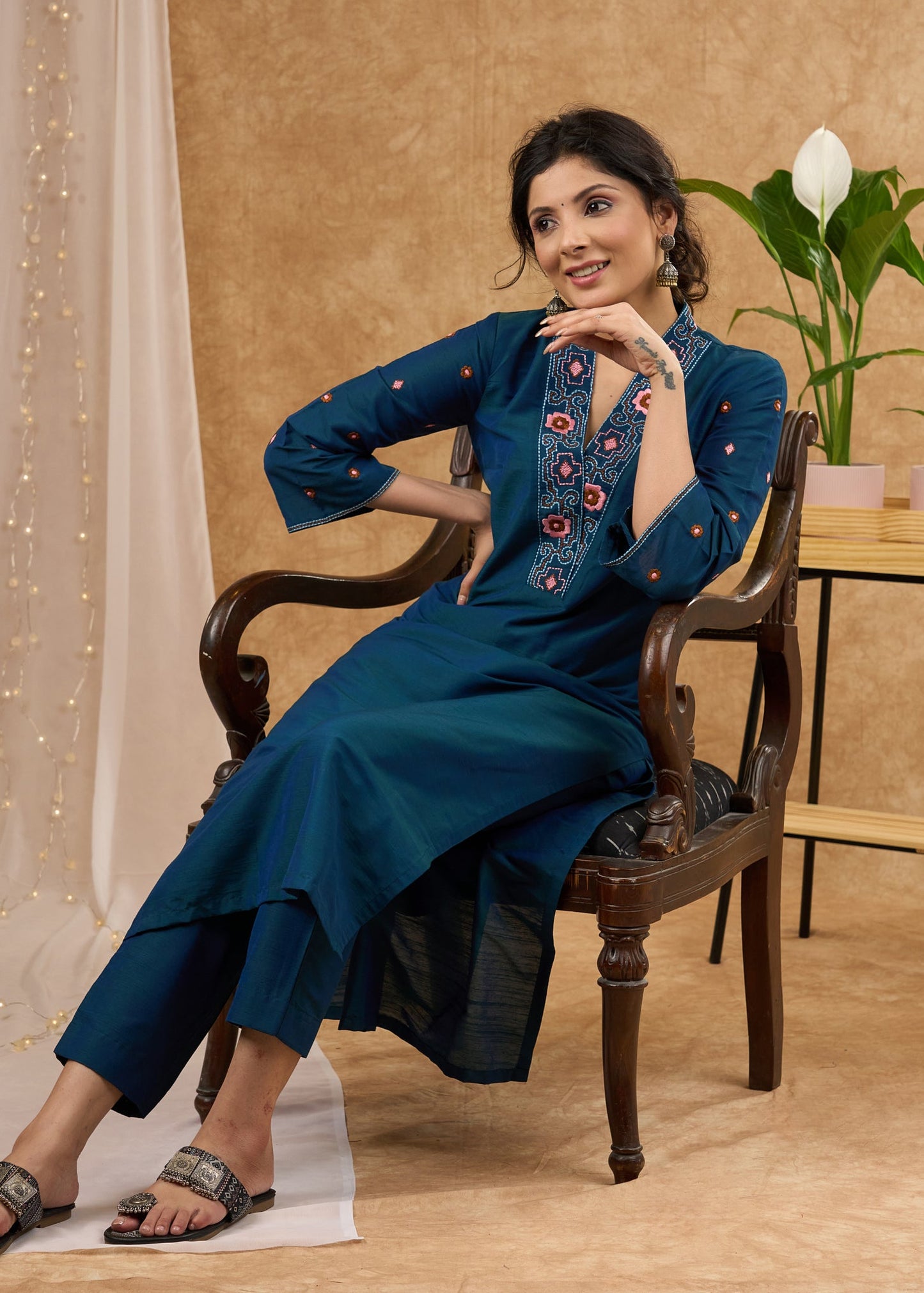 Stylish & vibrant embroidered peacock cotton silk kurta Pant optional