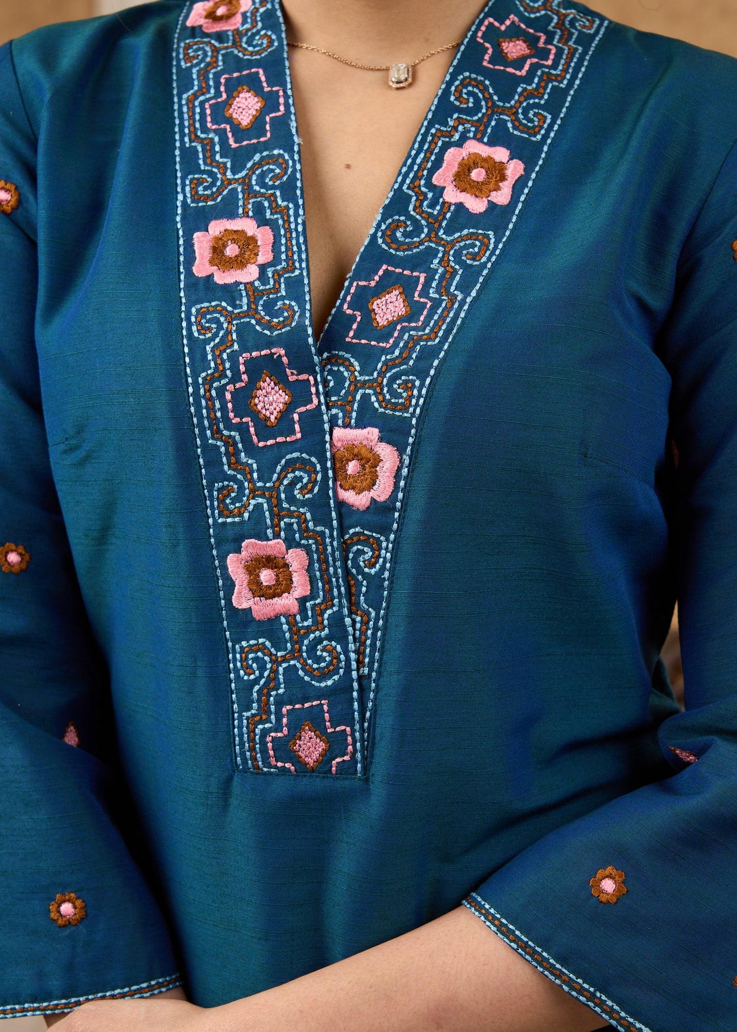 Stylish & vibrant embroidered peacock cotton silk kurta Pant optional