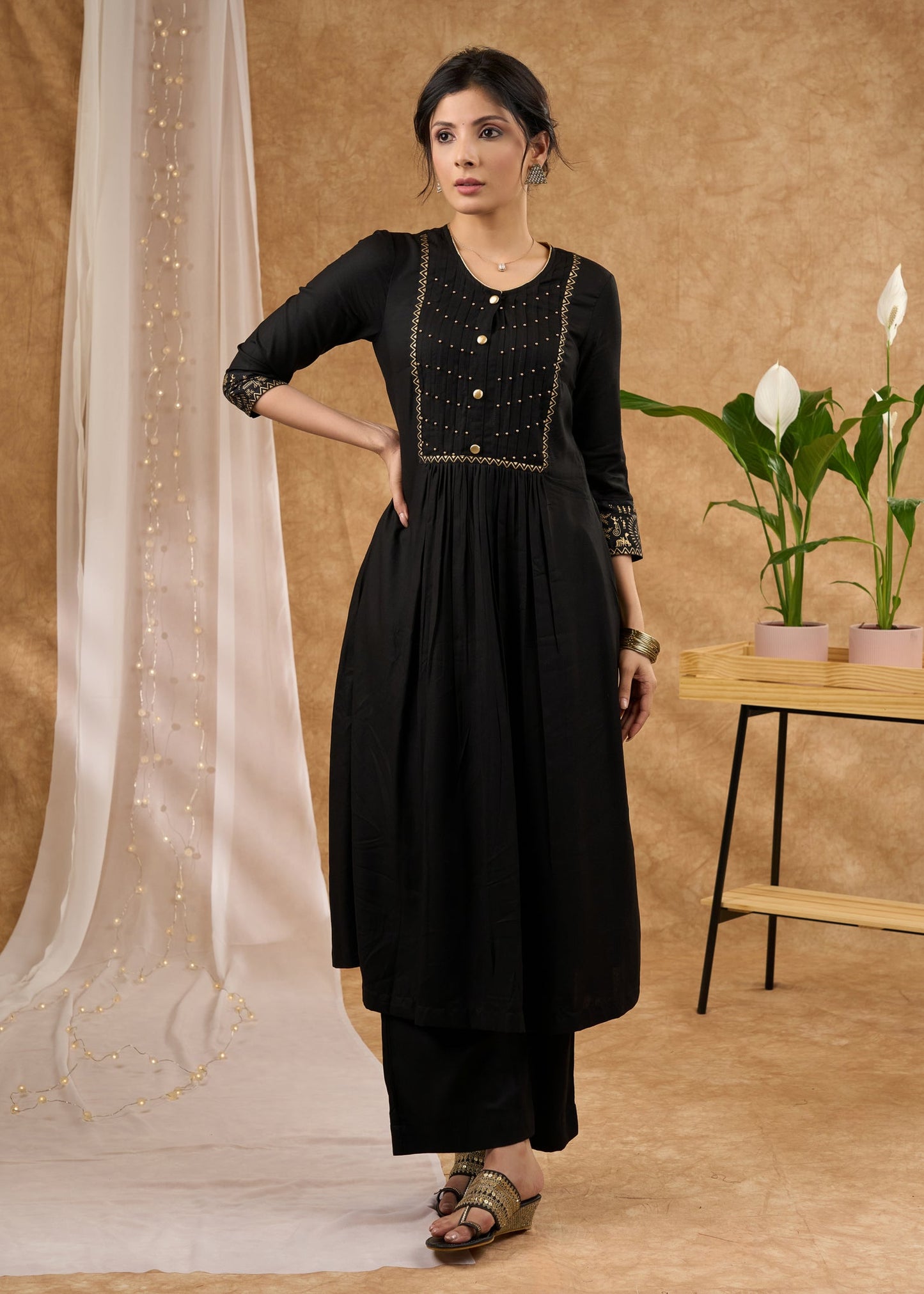 Trendy black rayon kurta featuring pintucks with stylish yoke  Pant Optional