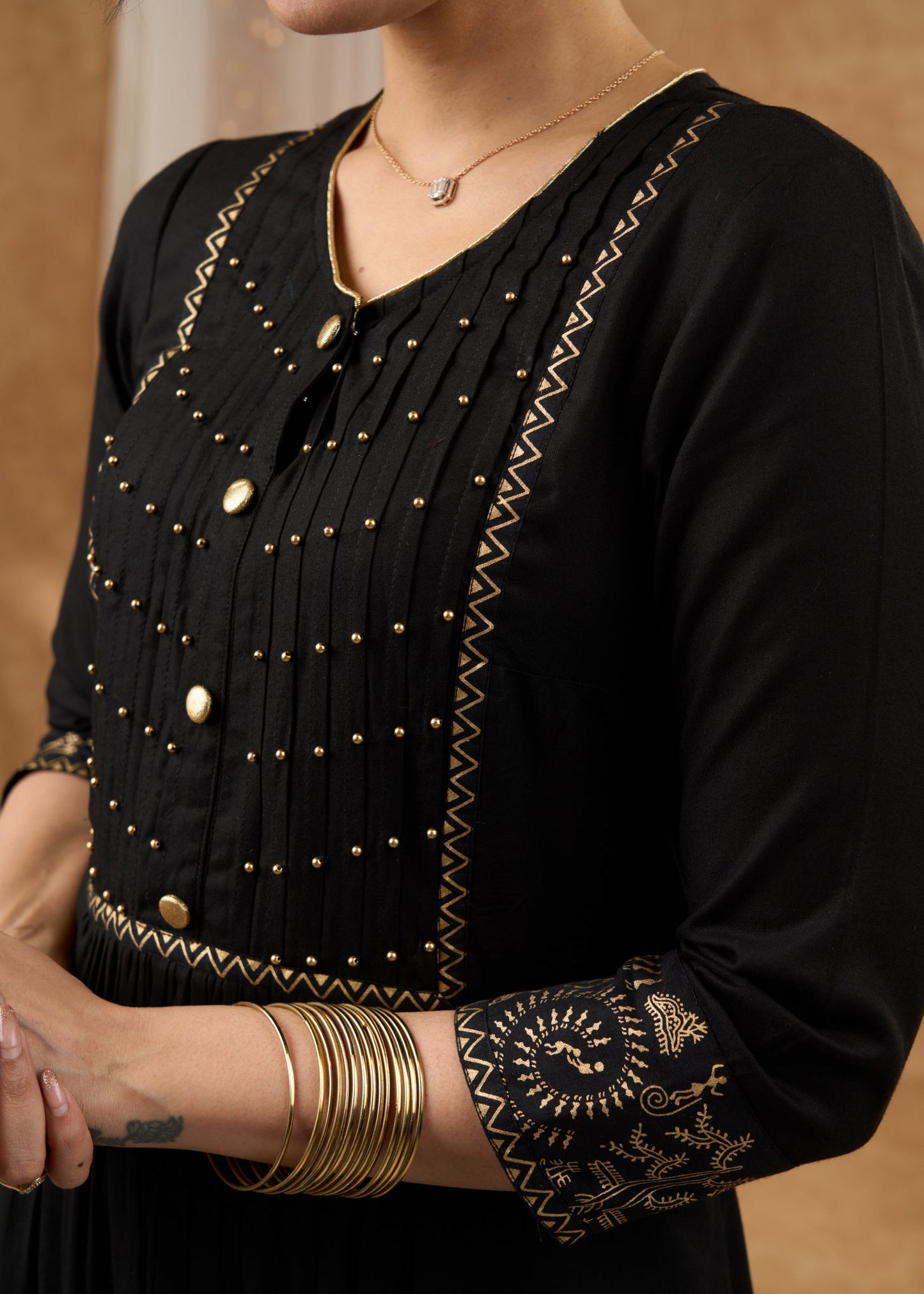 Trendy black rayon kurta featuring pintucks with stylish yoke  Pant Optional