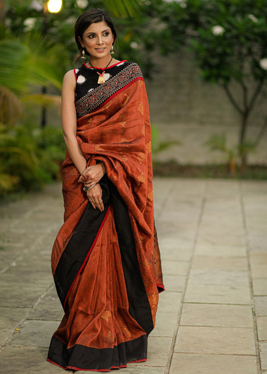 Brown organic linen Jamdani saree with Ajrakh border