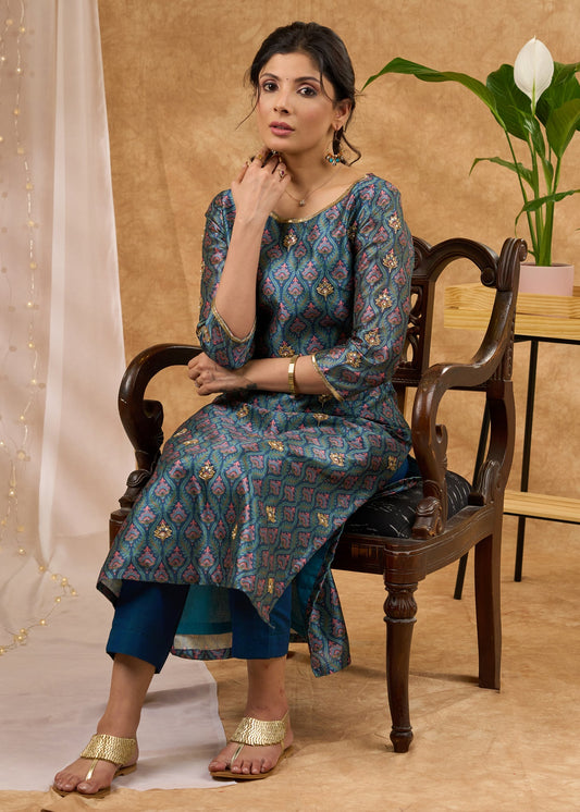 Exclusive hand embroidered Chanderi kurta with exquisite print Pant optional