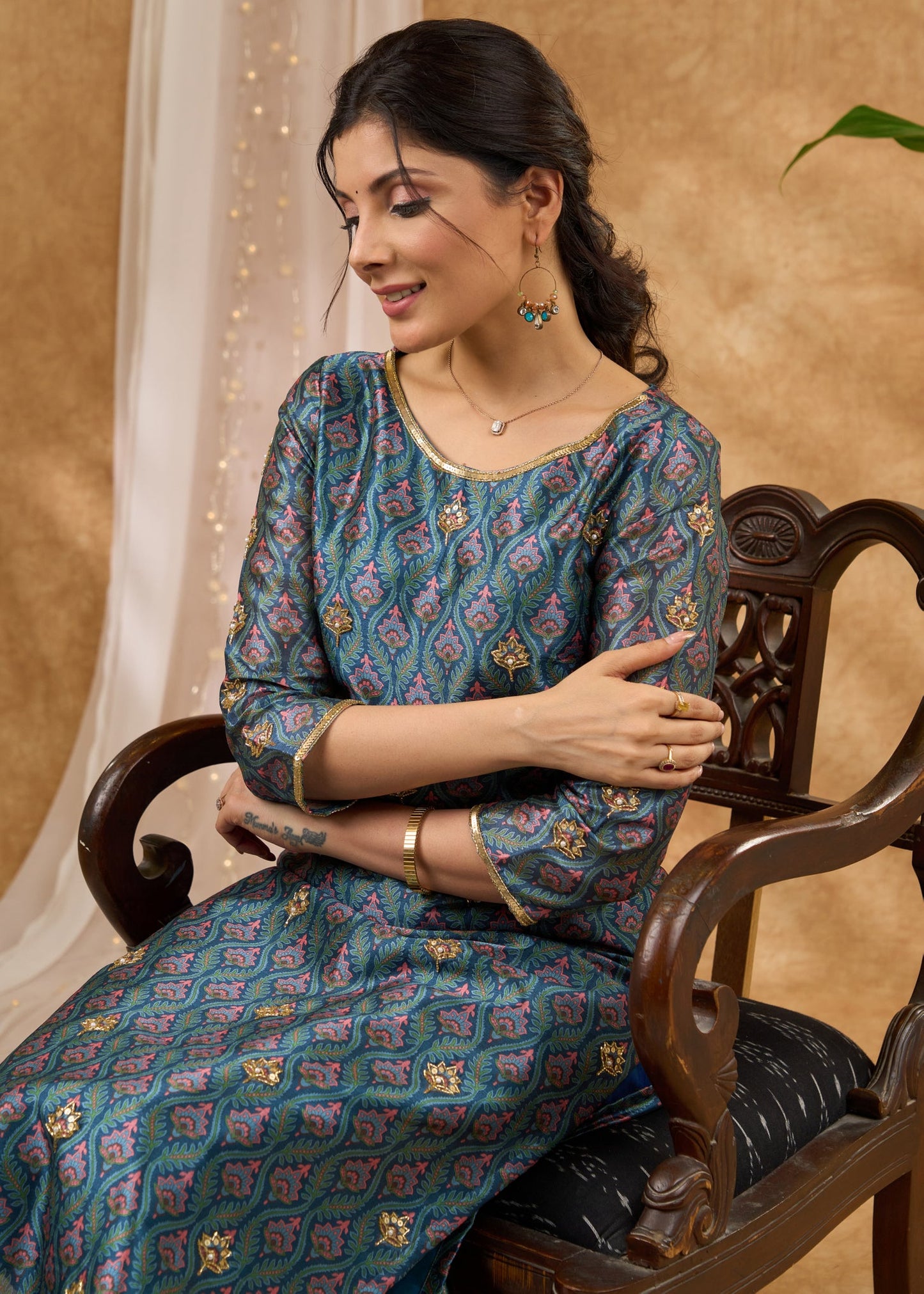 Exclusive hand embroidered Chanderi kurta with exquisite print Pant optional