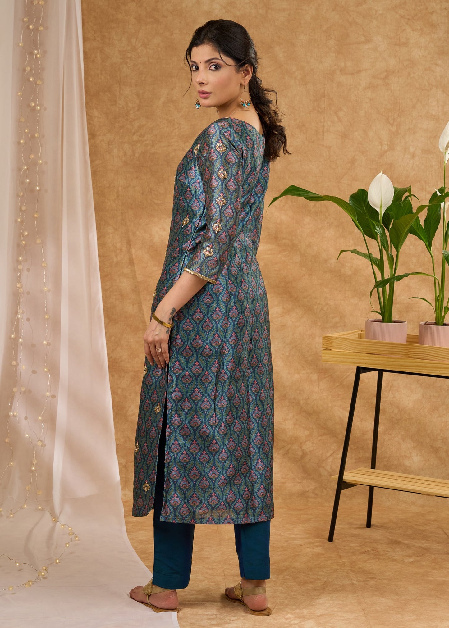 Exclusive hand embroidered Chanderi kurta with exquisite print Pant optional