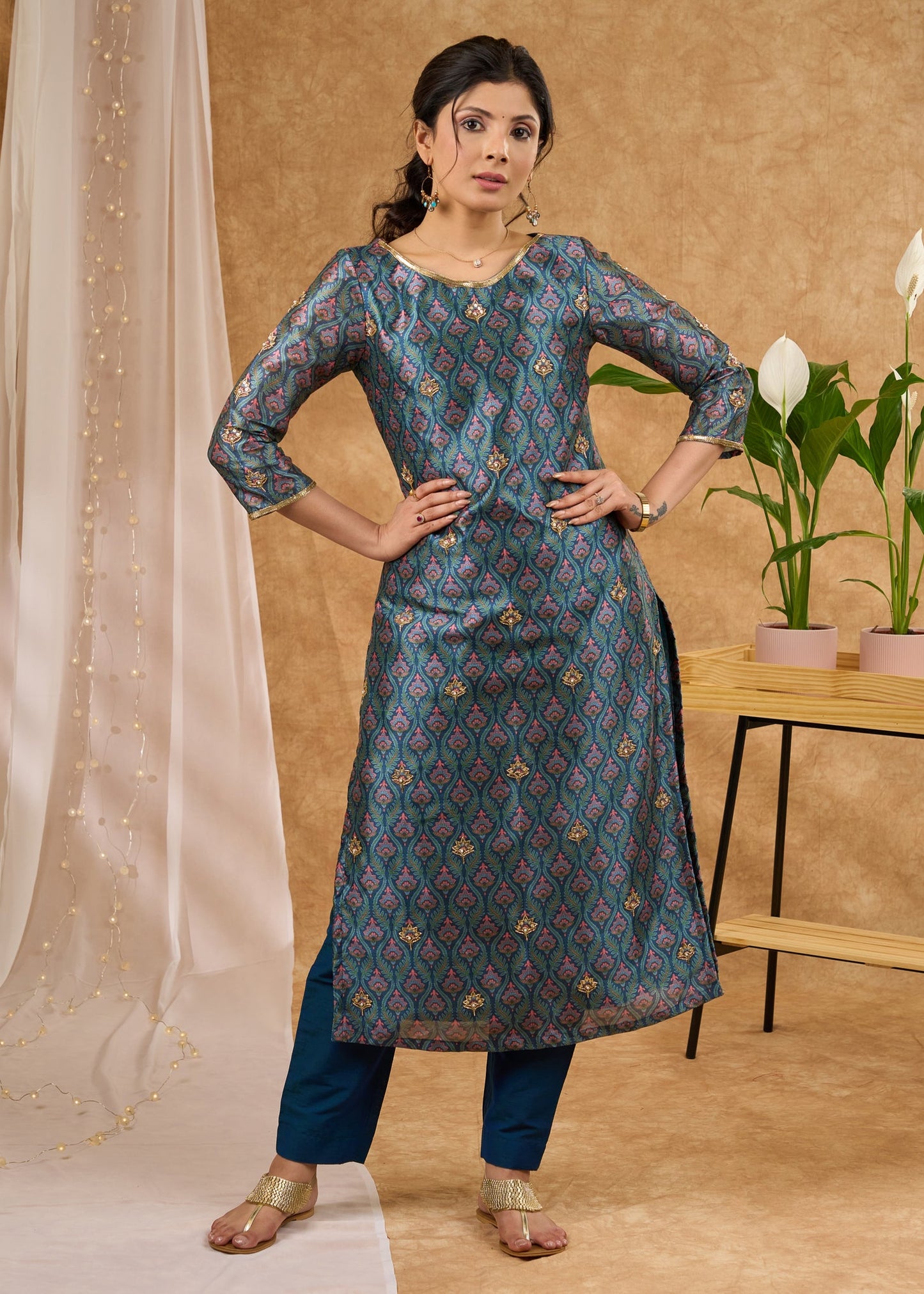 Exclusive hand embroidered Chanderi kurta with exquisite print Pant optional