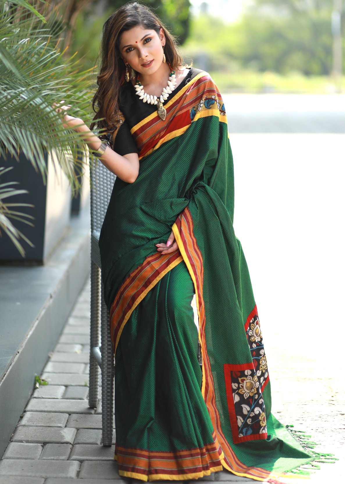 Exclusive green khun saree with hand painted kalamkari patch on pallu