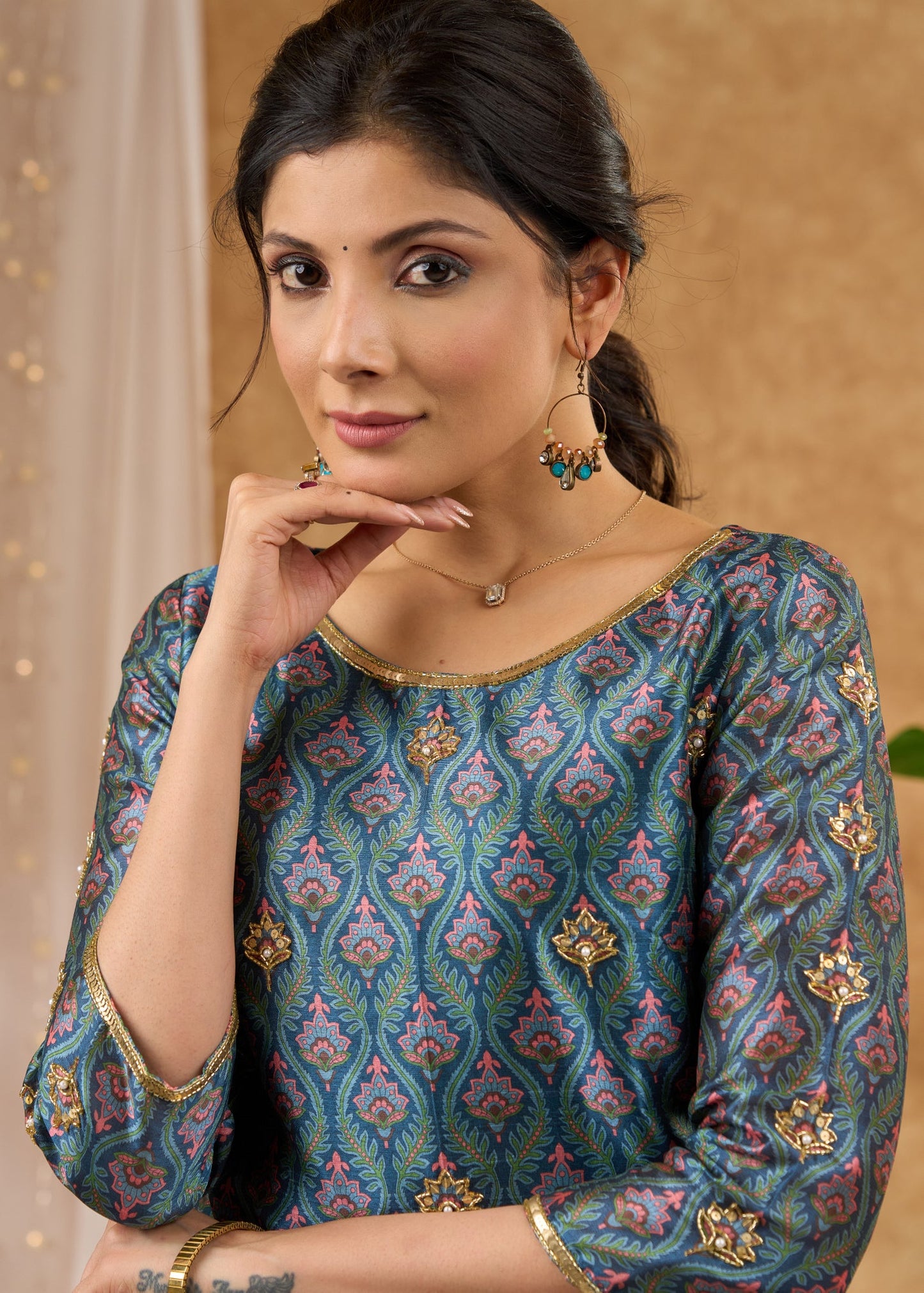 Exclusive hand embroidered Chanderi kurta with exquisite print Pant optional