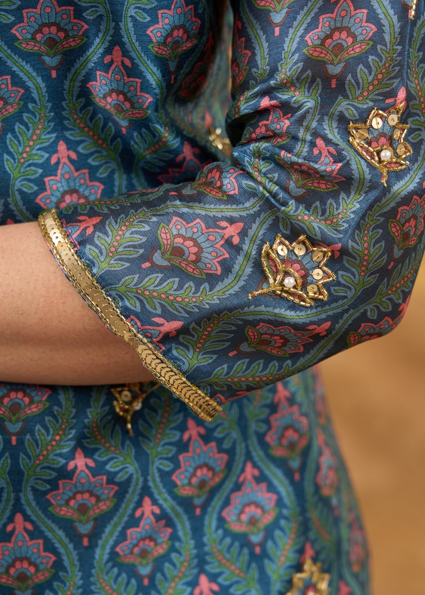 Exclusive hand embroidered Chanderi kurta with exquisite print Pant optional