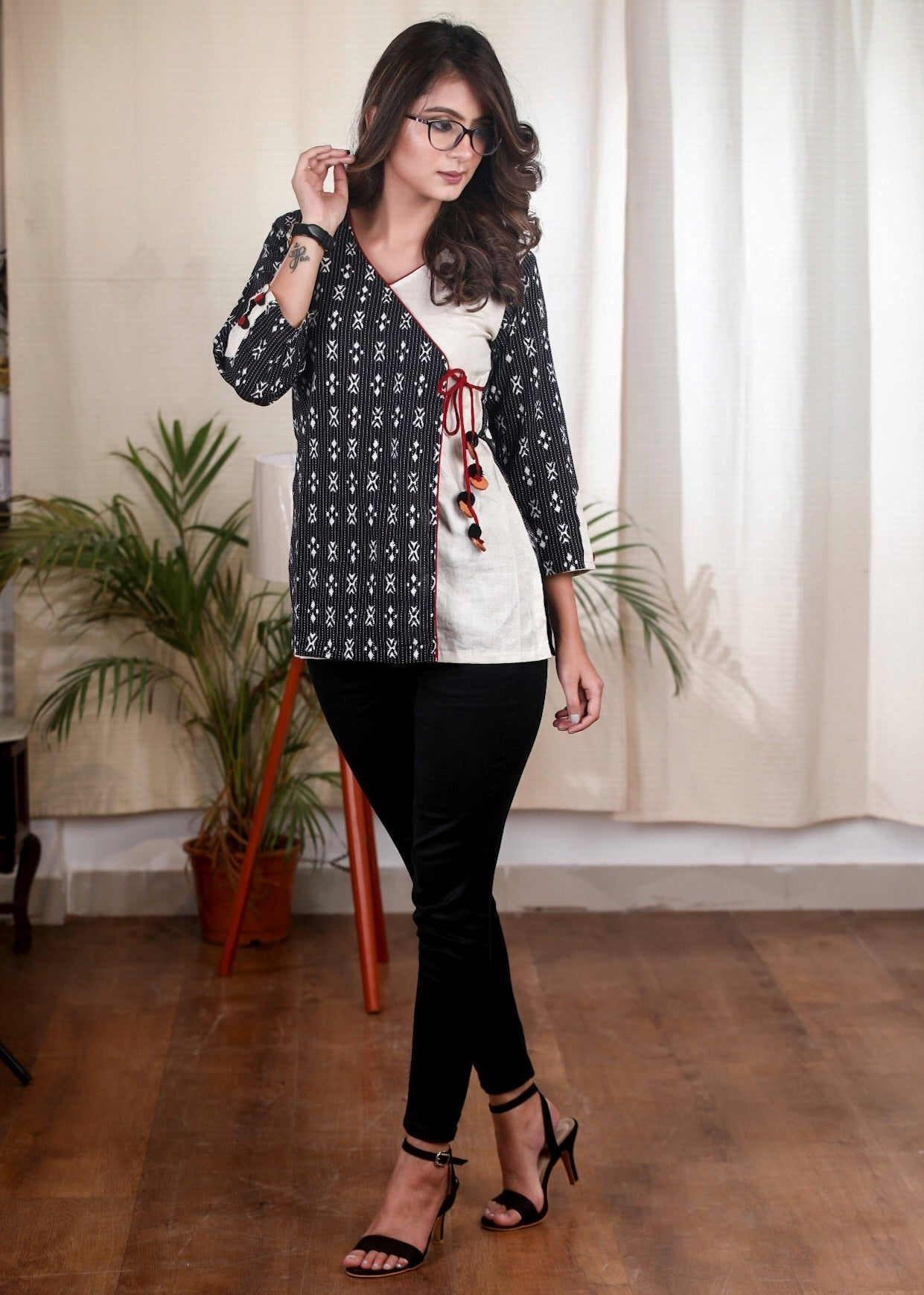 Black Kantha Printed Crossover Top