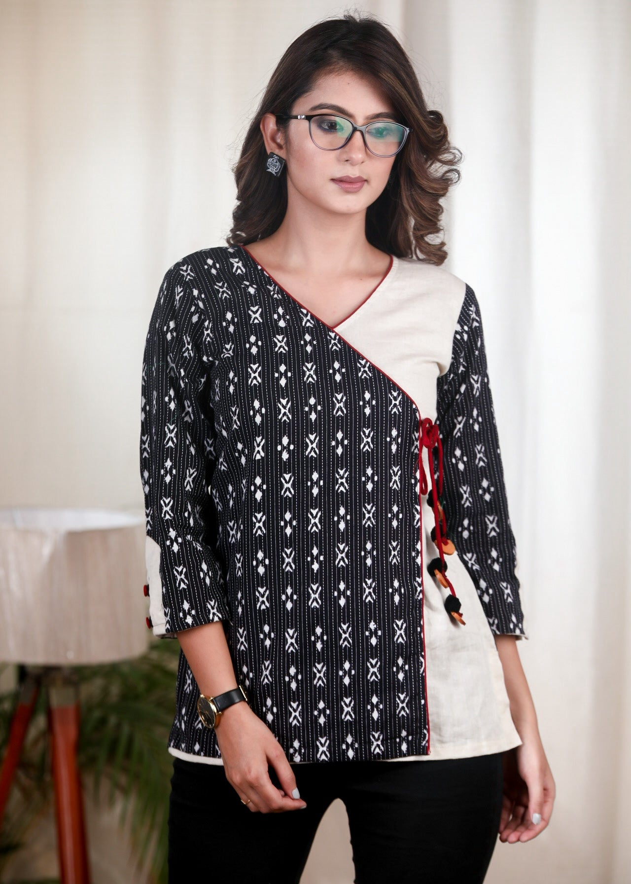 Black Kantha Printed Crossover Top