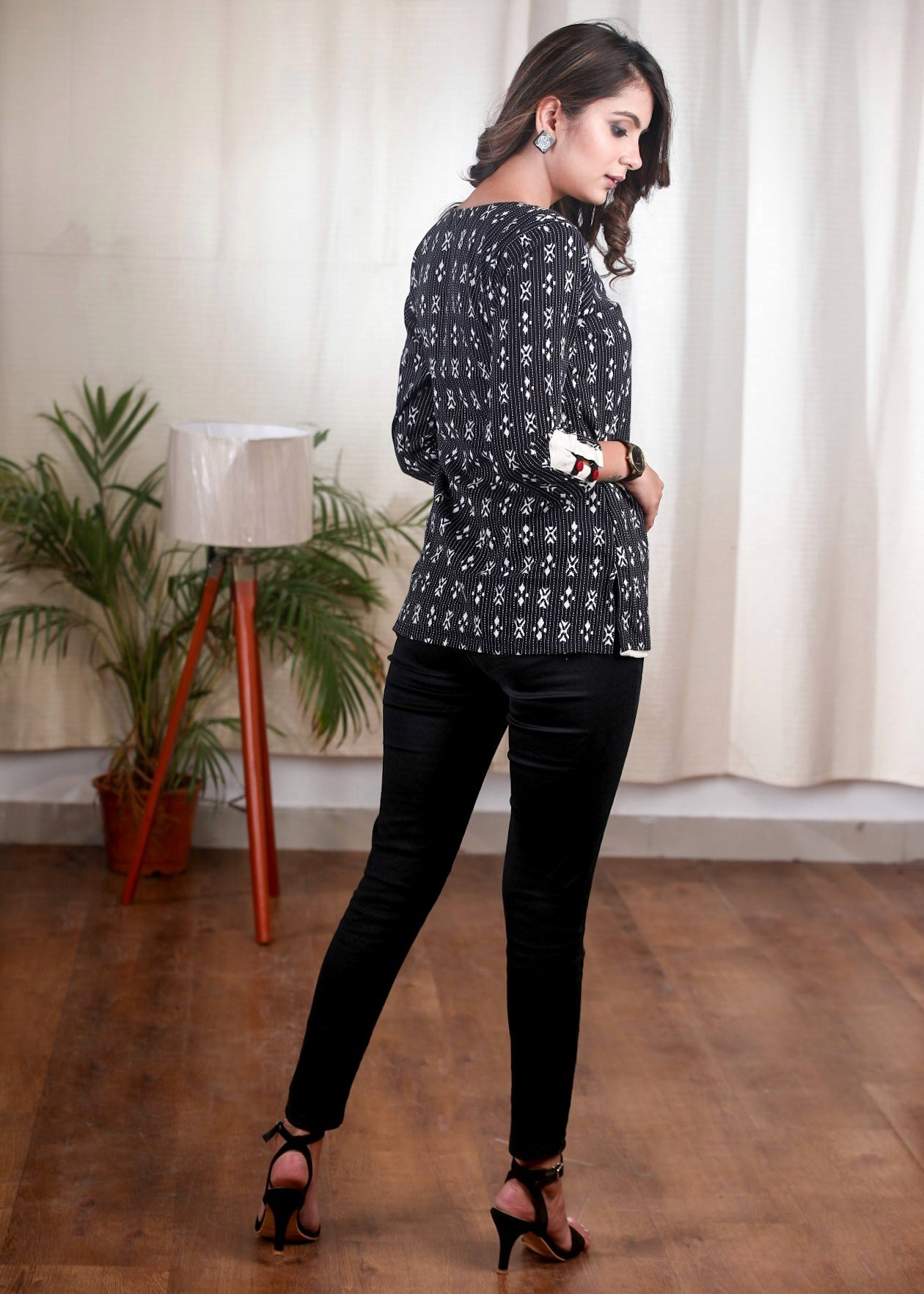 Black Kantha Printed Crossover Top