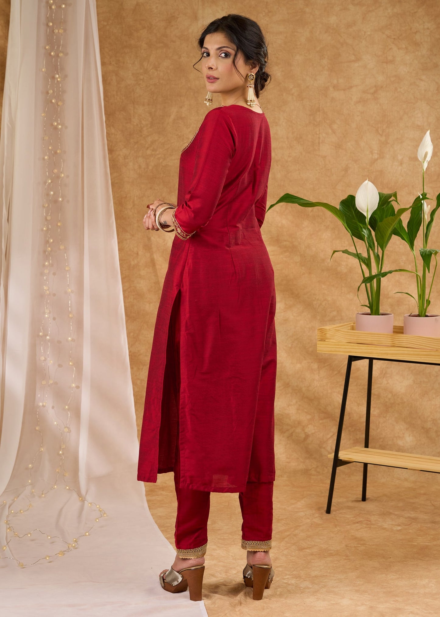 Graceful hand embroidered maroon cotton silk kurta Pant Optional