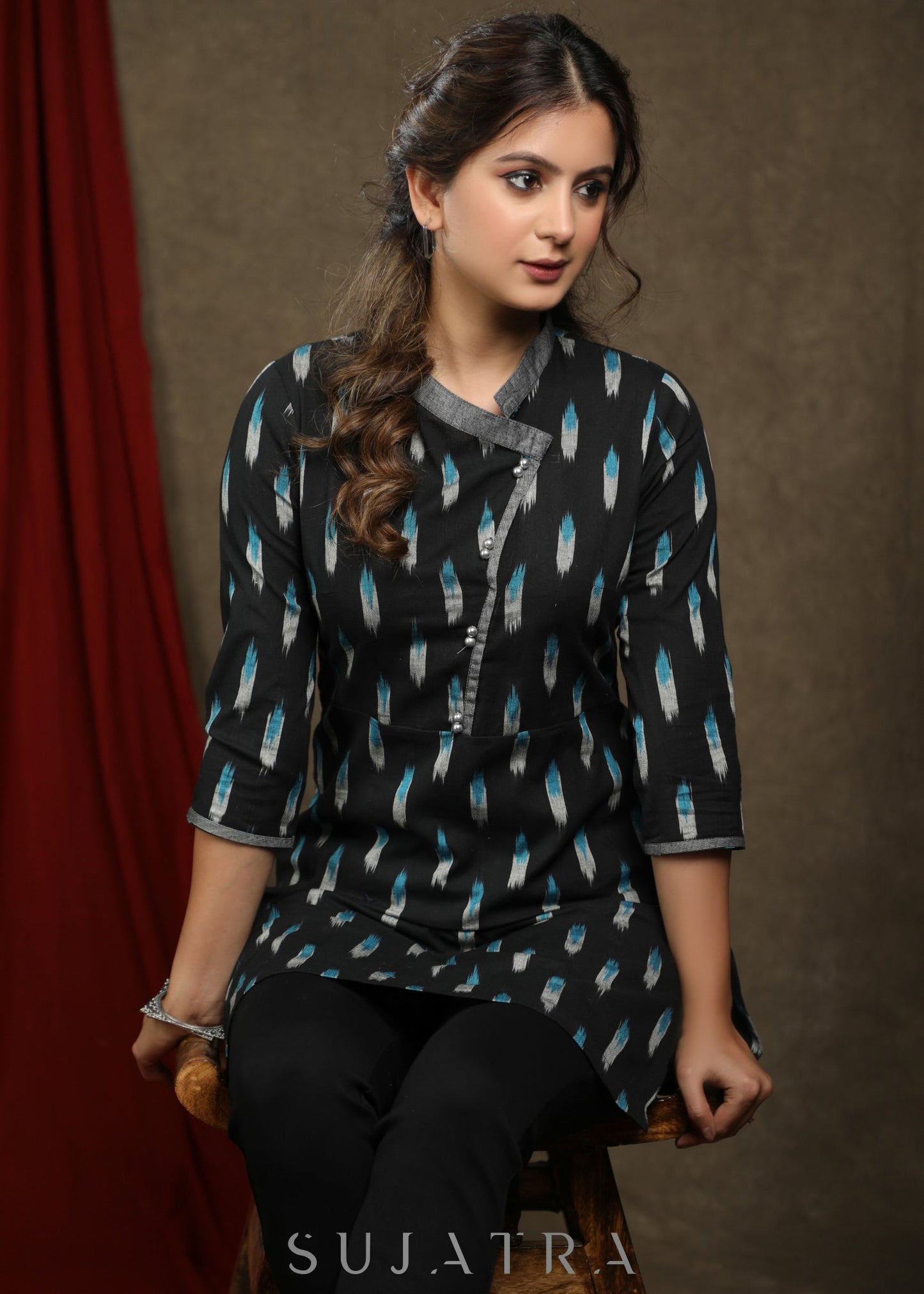 Black Ikat Assymtrical neck tunic with contrast grey detaling