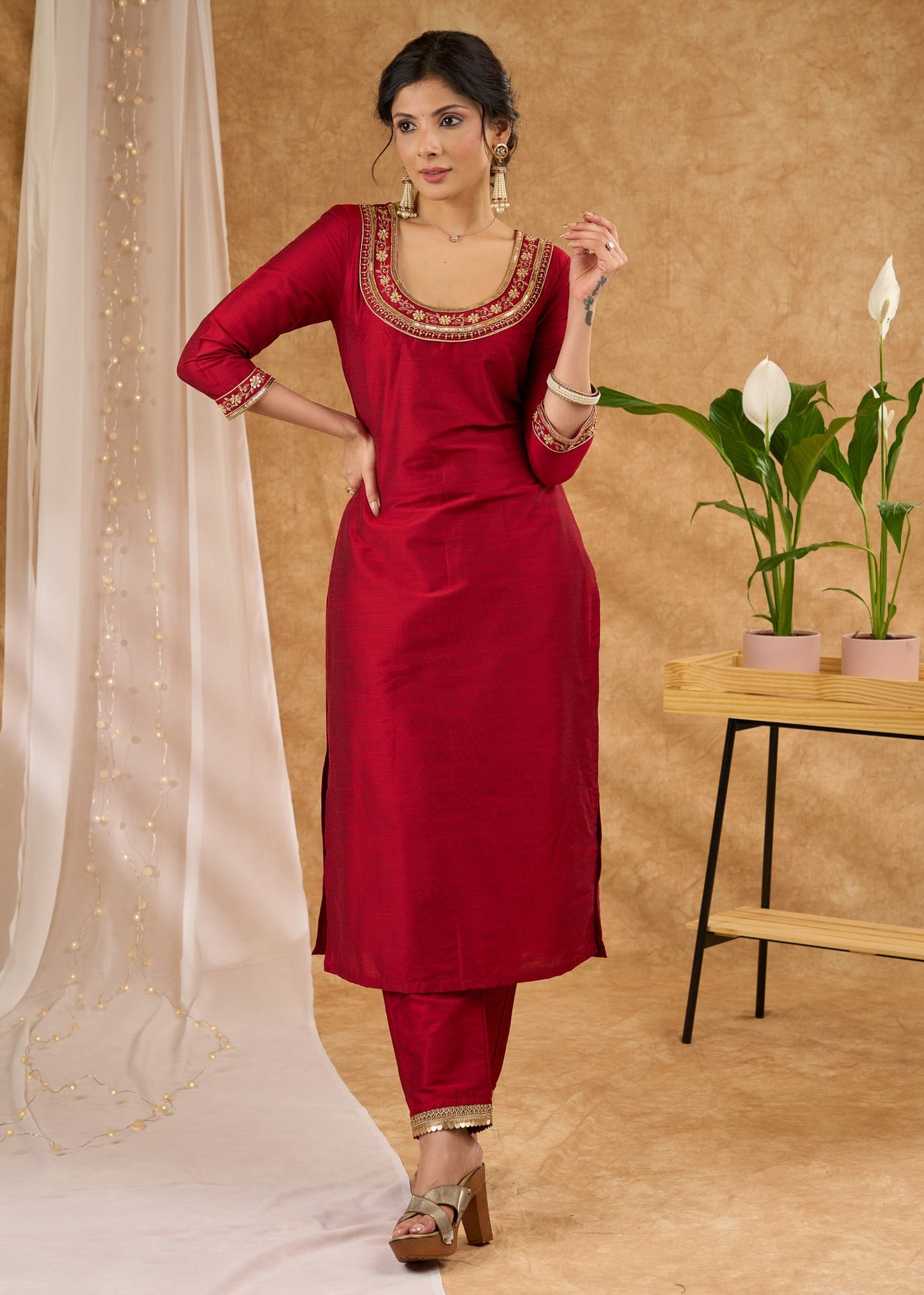 Graceful hand embroidered maroon cotton silk kurta Pant Optional