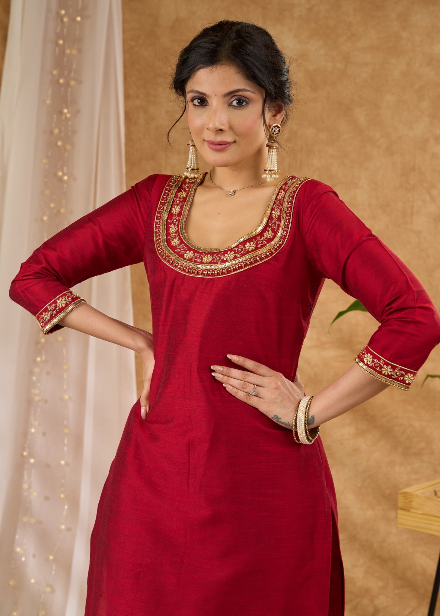 Graceful hand embroidered maroon cotton silk kurta Dupatta optional