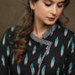 Black Ikat Assymtrical neck tunic with contrast grey detaling