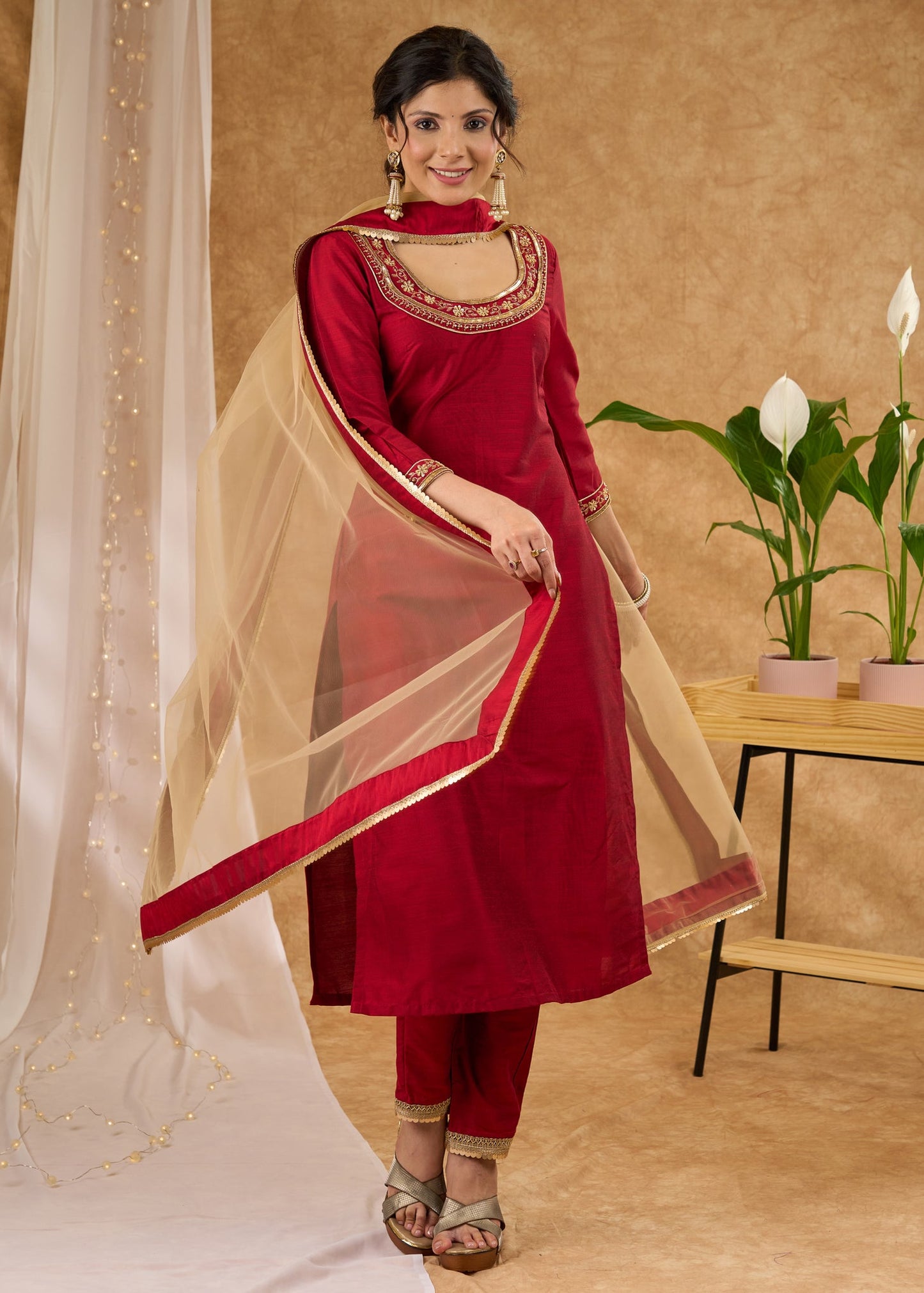 Graceful hand embroidered maroon cotton silk kurta Pant Optional