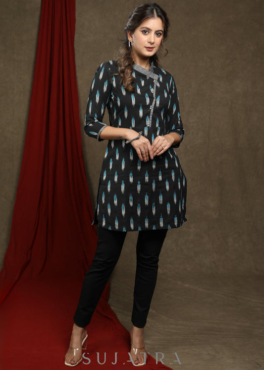 Black Ikat Assymtrical neck tunic with contrast grey detaling